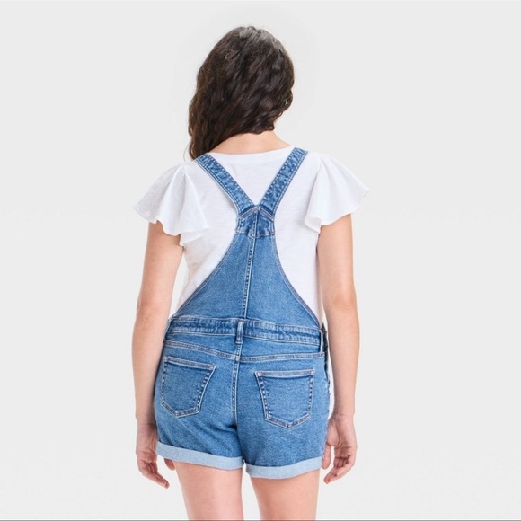 Ingrid and Isabel Women's Maternity Blue Denim Shorts Overalls - Picture 2 of 7